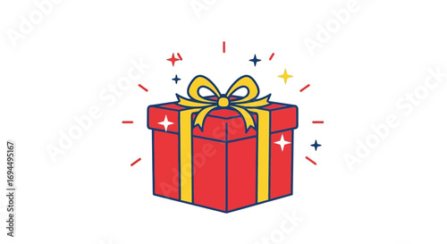 Simple cartoon illustration of a red gift box with a yellow ribbon and celebratory sparkles.