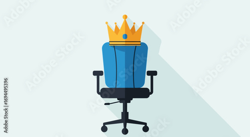 Blue office chair crowned, signifying leadership and success.