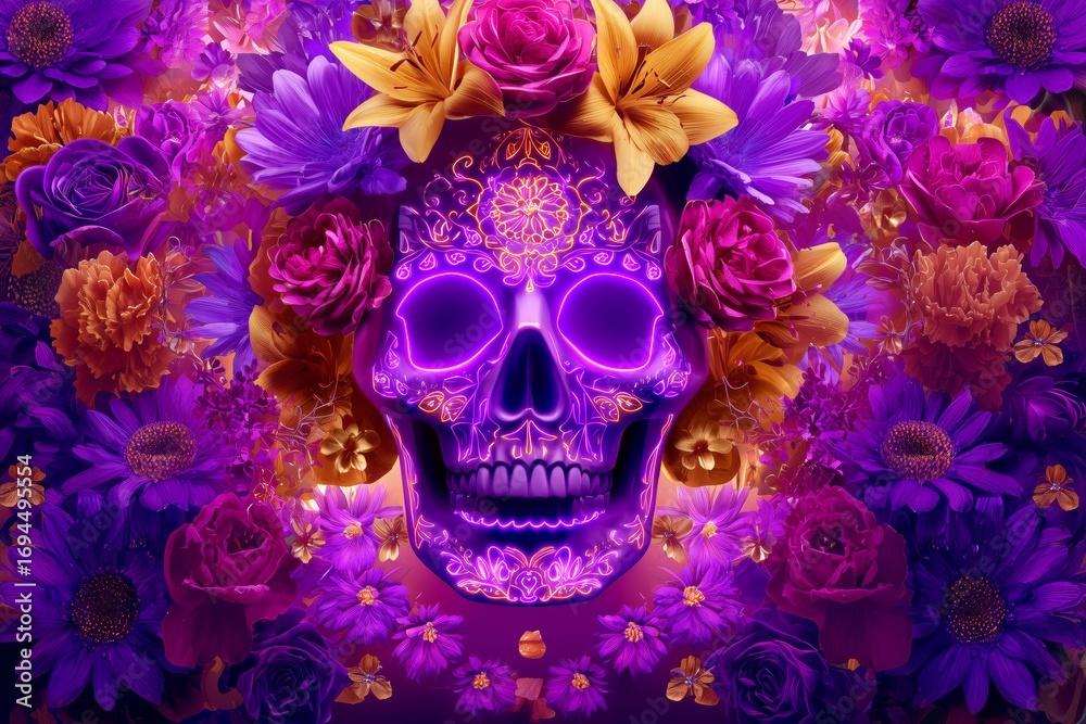 Fototapeta premium Neon Sugar Skull with Vibrant Flowers for Day of the Dead Celebration