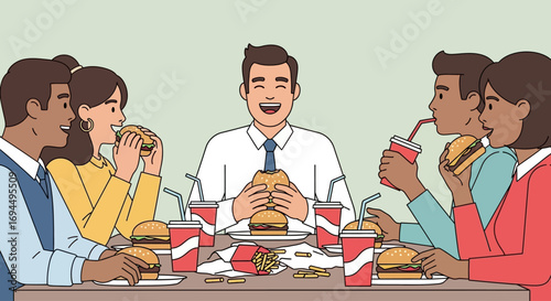 A group of diverse friends or colleagues happily sharing a fast food meal of burgers, fries, and soda at a table.