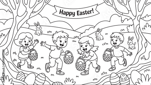 Joyful Spring Outing Children Hunt Eggs in Nature Scene with Bunnies and Happy Easter Banner