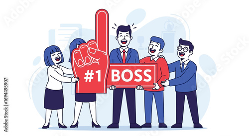 A cheerful team of employees proudly celebrates their boss, holding a large "#1" foam finger and a "BOSS" sign in a corporate setting.