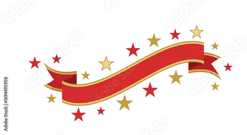 A festive red ribbon banner with golden trim curves elegantly, surrounded by scattered red and gold stars on a white background.