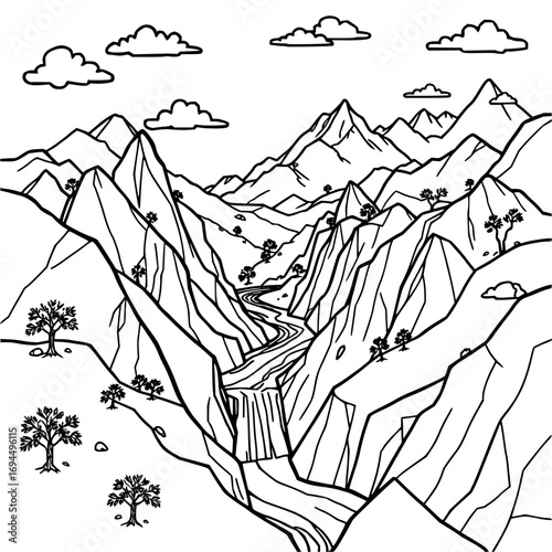 Minimilist illustration of a mountain landscape with a river flowing through it and clouds in the sky above it vector