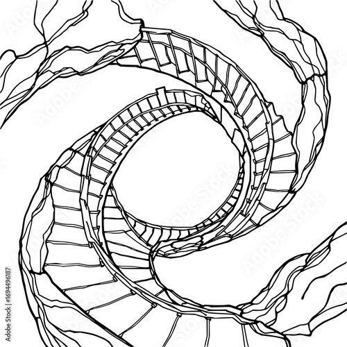Minimilist a detailed monochrome sketch of a winding staircase with organic elements surrounding the structure vector