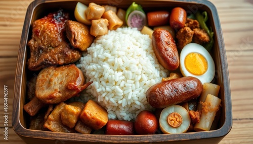 Variety of Asian-style dishes with rice and sausages