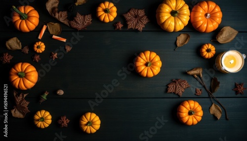 Variety of pumpkins autumn decoration with candles and leaves