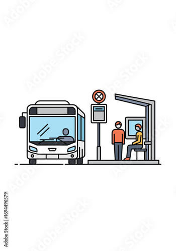 People waiting at a bus stop with a bus arriving in the city