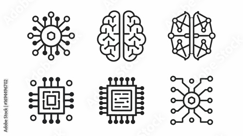 Set of stylized icons representing artificial intelligence and technology concepts like neural networks and microchips