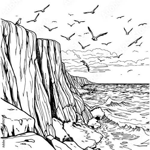 Minimilist a cliffside view with birds flying over the ocean and waves crashing against the rocky shore line art vector
