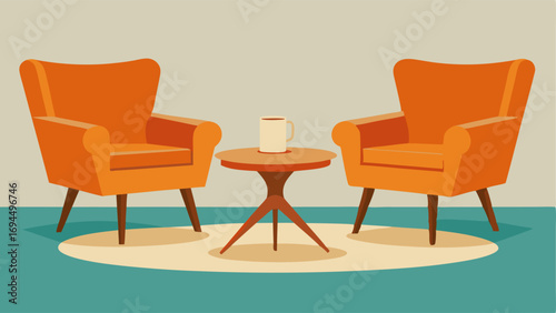 A pair of midcentury modern style armchairs upholstered in a bold orange fabric sitting on either side of a sleek white coffee table.