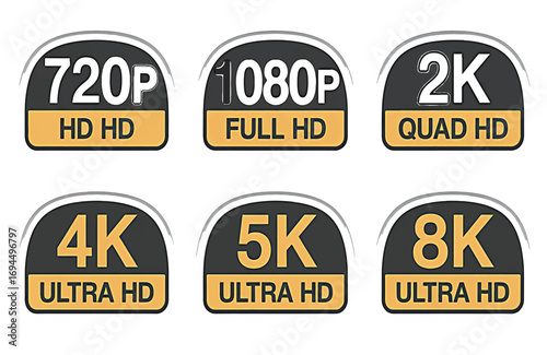 A collection of high definition video resolution labels from 720p HD to 8K Ultra HD quality