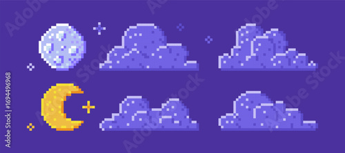 Collection of pixel night sky elements