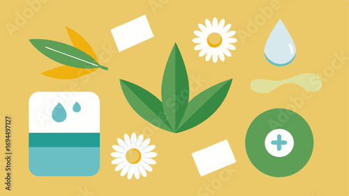 Calming Ingredients Icons of natural ingredients like aloe vera and chamomile around the hydrogel patch suggesting soothing properties.