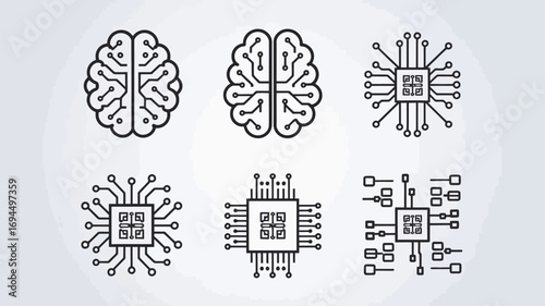 Set of line art icons representing artificial intelligence, machine learning, digital brains, and CPU microchip processors for technology and innovation concepts