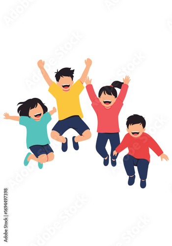 Joyful group of four diverse children jumping high celebrating togetherness and happiness