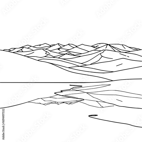 Minimilist a black and white line drawing of a mountain range reflected in water with a simple and minimalist style vector