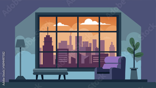 A living room with a large metalframed window looking out onto a city skyline and featuring a mix of cozy textiles and industrialstyle decor.