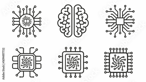 A set of line art icons representing artificial intelligence, brain concepts, and computer microprocessors