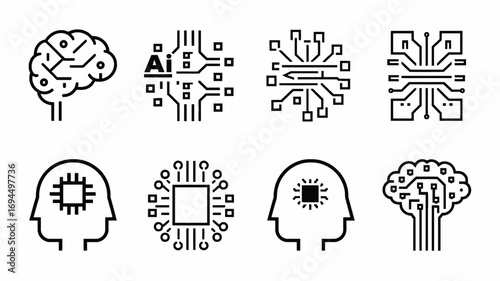 AI and human intelligence concept icon collection. Line art symbols of the brain, processors, and neural networks for technology design