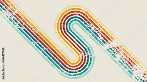 Retro curved multicolor lines vector background with vintage grunge texture effect, perfect for 70s style posters, wallpapers, and creative graphic design.