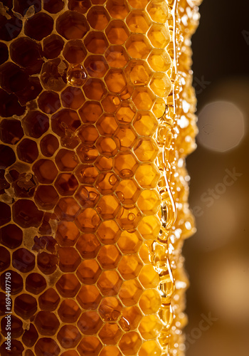 A close-up of a golden honeycomb dripping with fresh, sweet honey.