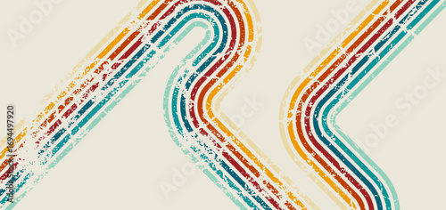 Retro multicolor curved lines vector background with vintage grunge texture, perfect for 70s style posters, wallpapers, and creative graphic design.