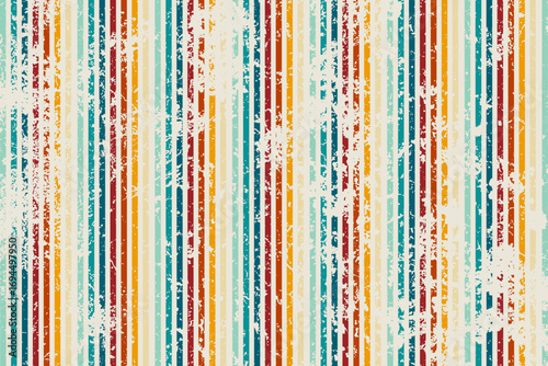 Retro vertical stripes vector background in multiple colors with vintage grunge texture, perfect for 70s style posters, wallpapers, and creative graphic design.