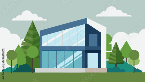 Clinic Exterior A sleek modern building with large glass windows surrounded by greenery featuring a futuristic sign that reads Age Reversal Clinic.