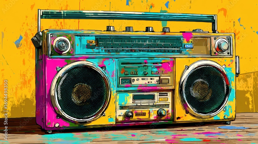 Fototapeta premium Vintage Boombox With Colorful Graffiti Design on Wooden Surface Against Vibrant Yellow Background