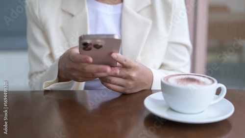 Close-up of businesswoman sitting in coffee shop while texting and using mobile phone while having hot mocha drink