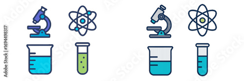 Colorful collection of scientific laboratory equipment including atomic structures, beakers, and test tubes for chemistry research