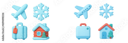 Set of winter holiday travel and home icons featuring an airplane in flight, a delicate snowflake, a packed suitcase, and a cozy house with a chimney