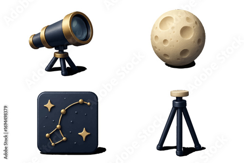 Collection of stylized astronomy observation equipment and celestial bodies including a telescope, the moon, and a star constellation