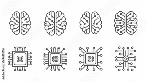 Set of brain and computer chip line icons symbolizing artificial intelligence, neuroscience, and machine learning technology