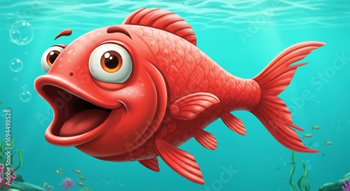 Cartoon illustration of a vibrant red fish swimming underwater with aquatic plants