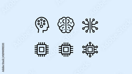 Artificial Intelligence Icons Brain, Circuits, and Processor Illustrations on Light Blue Background