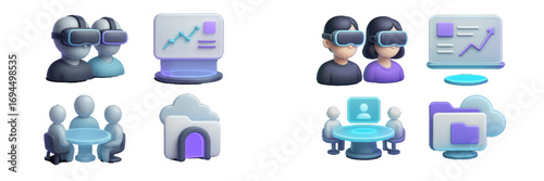 Volumetric symbols for metaverse, business analytics, virtual meetings, and cloud data storage UI