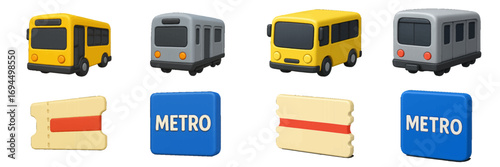 Set of public transportation icons featuring a yellow bus, gray metro train, passenger ticket, and station sign for urban transit and city travel concepts isolated on a white background