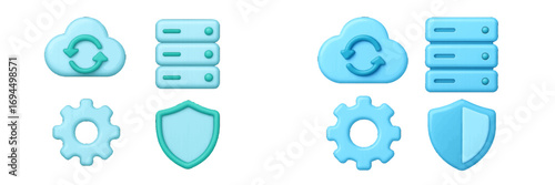 3D icon set for cloud computing services including server database, security shield, settings gear, and data synchronization