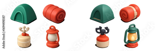 3D camping equipment icon set with tent, sleeping bag, lantern, and camp stove isolated on a white background