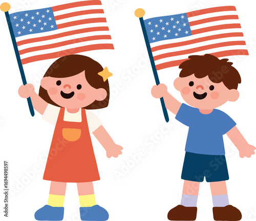 Cute Cartoon Child Carrying United States Flag