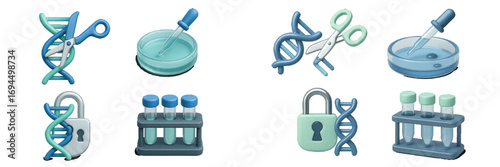 Collection of icons representing genetic engineering, biotechnology, and laboratory research with DNA editing, petri dish, and test tube symbols