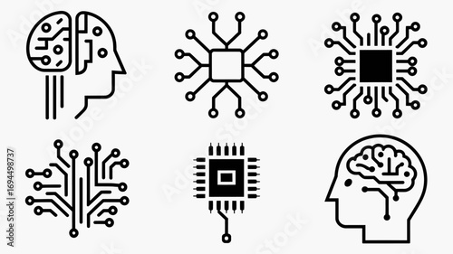 AI Technology Icons Brain, Circuit, and Microchip Symbols