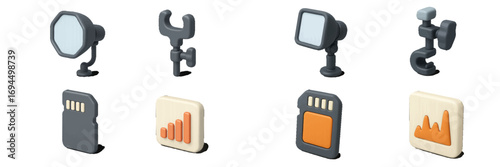 Photography and videography equipment icon set with studio lights, softbox, LED panel, camera mounts, clamps, and memory cards with data visualization charts