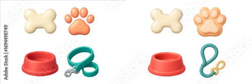 3D pet care icon set with dog accessories including a bone, paw print, food bowl, and leash for animal concepts