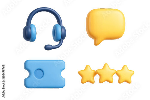 3D customer service icon set with headset, speech bubble, ticket, and star rating for online support and feedback concepts