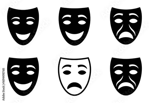 Collection of Six Theater Masks Depicting Various Emotions: Happy, Sad, and Neutral