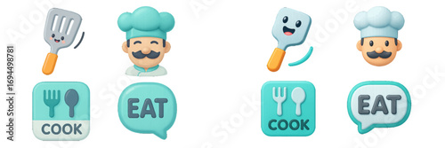 3D cooking icon set with chef, spatula, and food symbols for restaurant apps and culinary websites isolated on white