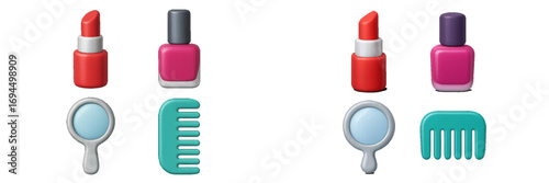 Set of beauty and cosmetic items including lipstick, nail polish, hand mirror, and comb isolated on a white background